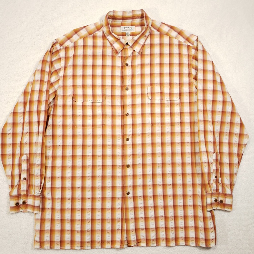 Ryan Michael Button Up Shirt Men XXL Orange Plaid Silk Cotton Western Casual 2XL